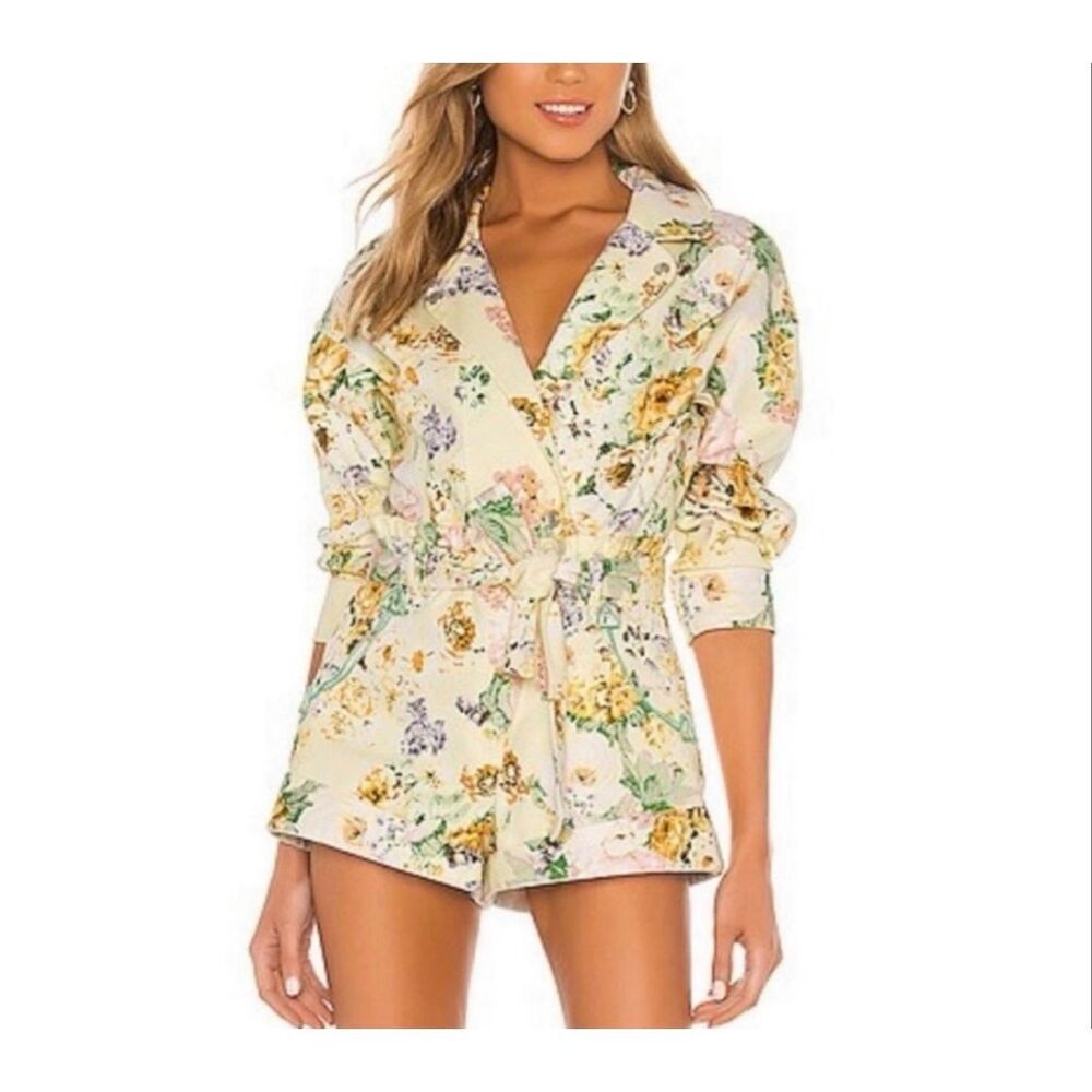 For Love and Lemons Chamomile Yellow Floral Denim Romper XS Nwt